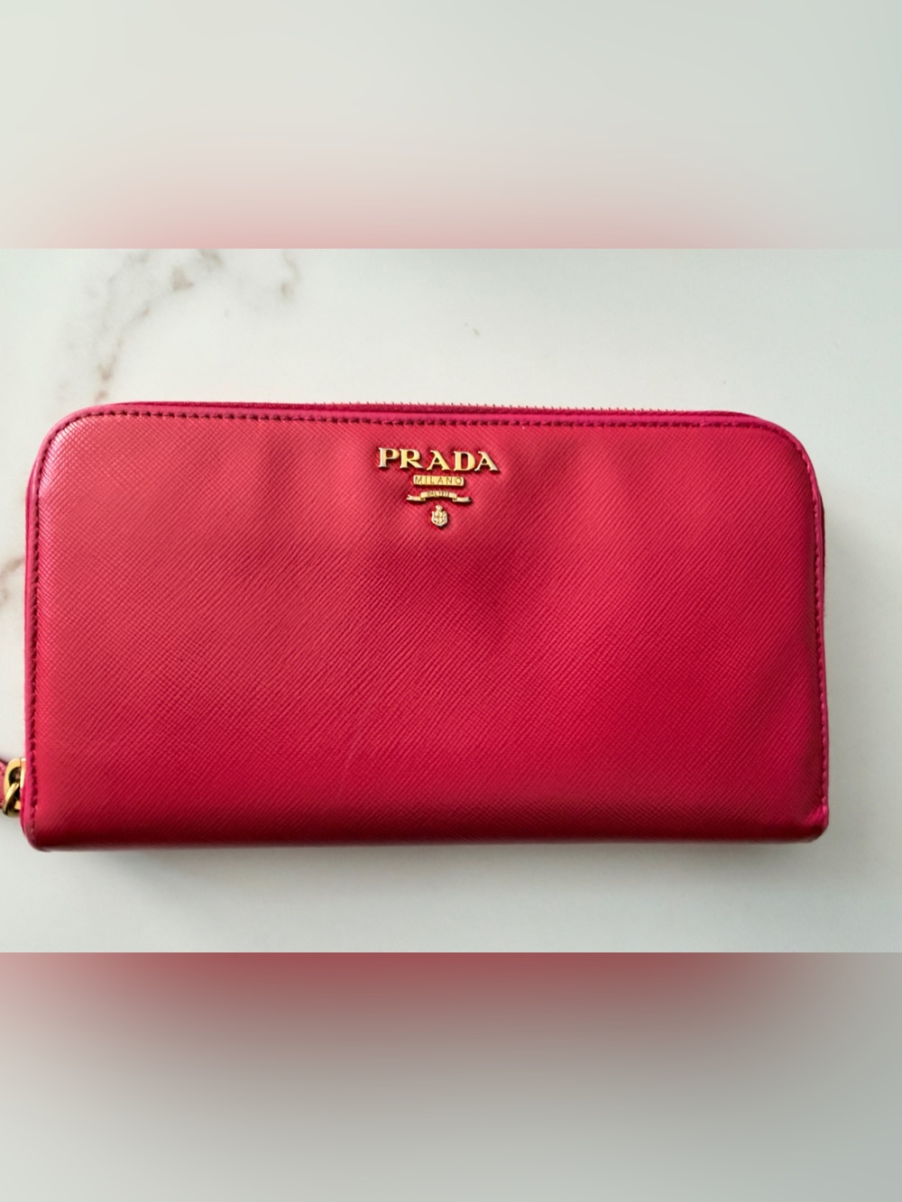 Prada Saffiano Leather Zip-Around Wallet – Fuchsia/Pink – Gold Hardware
